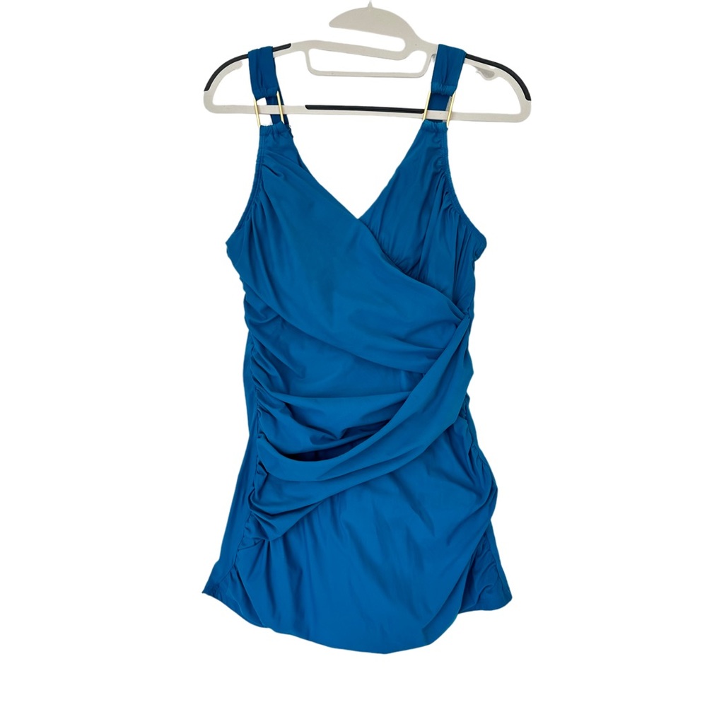 SPANX Swimsuit One Piece‎ Sz 8 Blue Draped Swim Dress Ruched Vacation Slimming